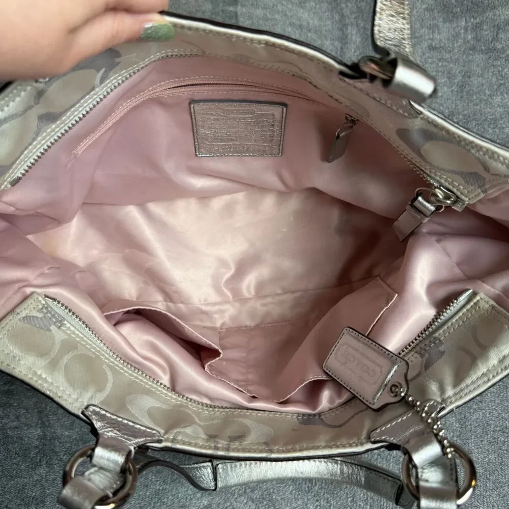 Coach Silver Metallic Signature Jacquard Tote Shoulder Bag Pink